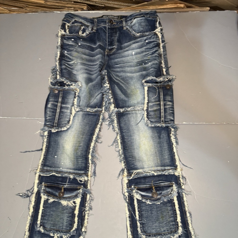 Valabasas Jeans Mens 32 35 Stacked Distressed Cargo Pockets Denim Faded Paint